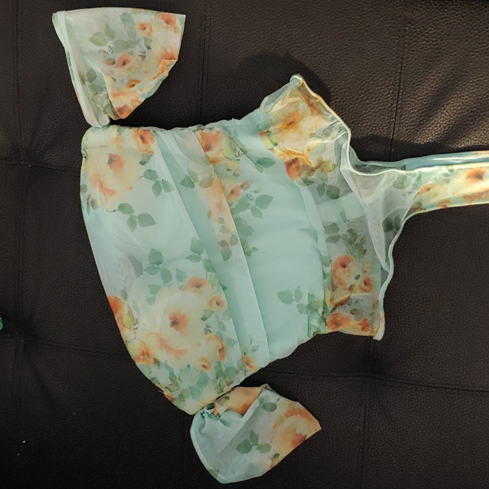 Mint corset top bodysuit with flowered overlay, off shoulder netting Size xs